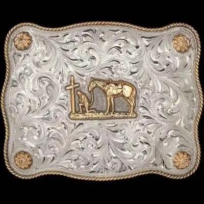 A square western belt buckle for women featuring a praying cowgirl figure